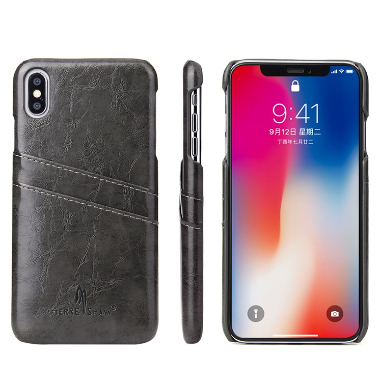 FIERRE SHANN Oil Wax Card Holder PU Leather Coated PC Case for iPhone Xs Max 6.5-inch - Black-1