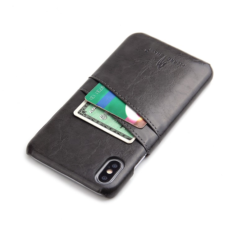 FIERRE SHANN Oil Wax Card Holder PU Leather Coated PC Case for iPhone Xs Max 6.5-inch - Black-3