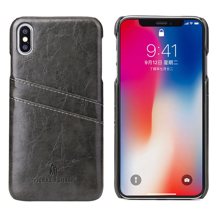 FIERRE SHANN Oil Wax Card Holder PU Leather Coated PC Case for iPhone Xs Max 6.5-inch - Black-4