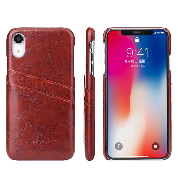 FIERRE SHANN for iPhone XR 6.1-inch Oil Wax Card Holder PU Leather Coated PC Casing - Brown-1