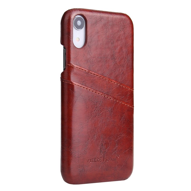FIERRE SHANN for iPhone XR 6.1-inch Oil Wax Card Holder PU Leather Coated PC Casing - Brown-2