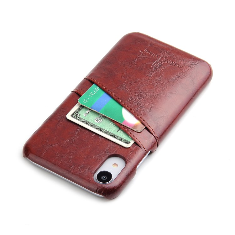 FIERRE SHANN for iPhone XR 6.1-inch Oil Wax Card Holder PU Leather Coated PC Casing - Brown-3