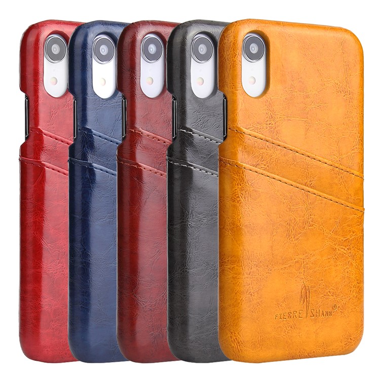 FIERRE SHANN for iPhone XR 6.1-inch Oil Wax Card Holder PU Leather Coated PC Casing - Brown-5