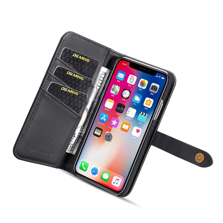 DG.MING for iPhone Xs 5.8 inch Detachable 2 in 1 Split Leather Wallet Mobile Case - Black-11