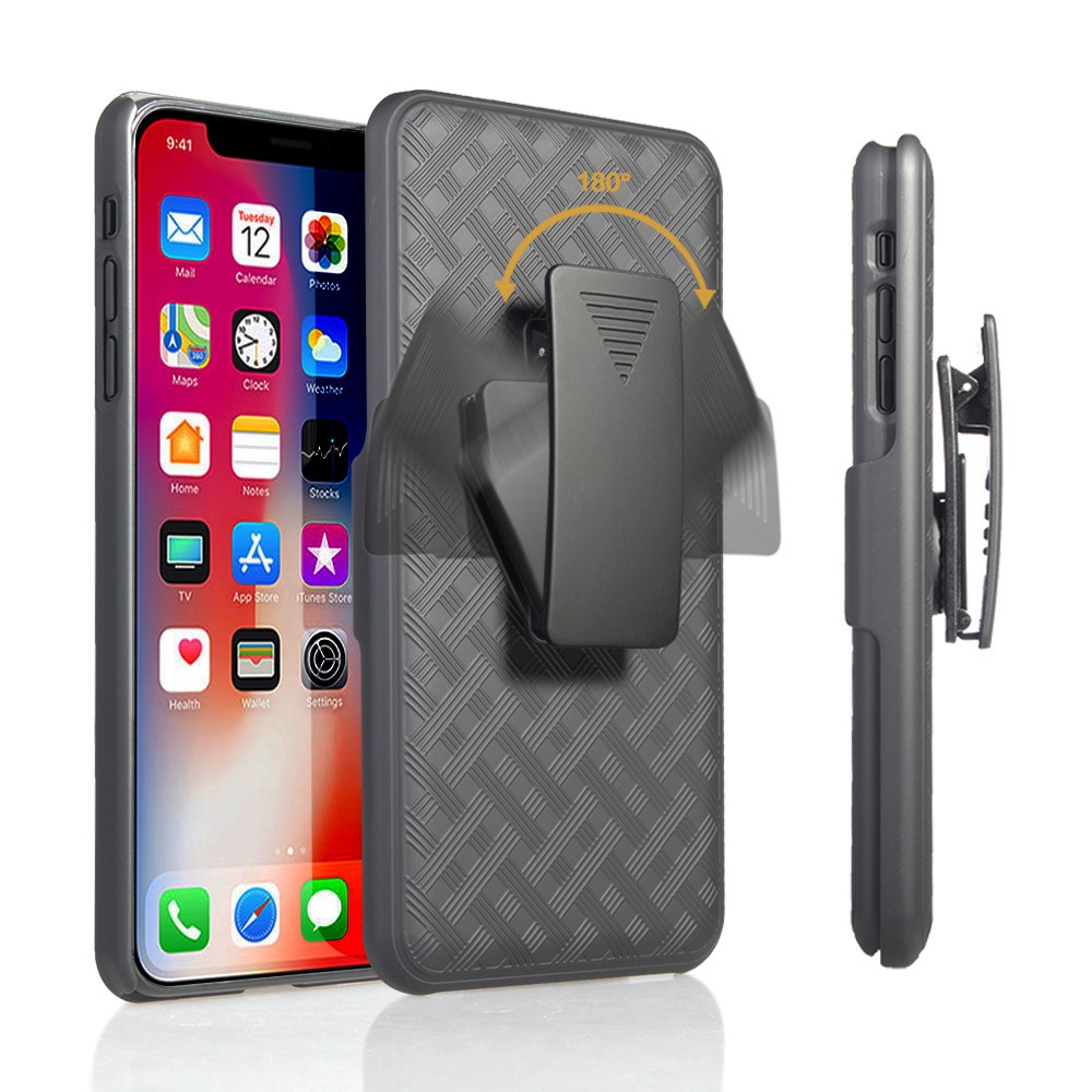 For iPhone XR 6.1 inch Woven Texture Swivel Belt Clip Holster PC + TPU Hybrid Case - Black-2
