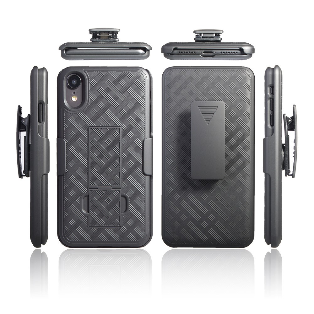 For iPhone XR 6.1 inch Woven Texture Swivel Belt Clip Holster PC + TPU Hybrid Case - Black-3