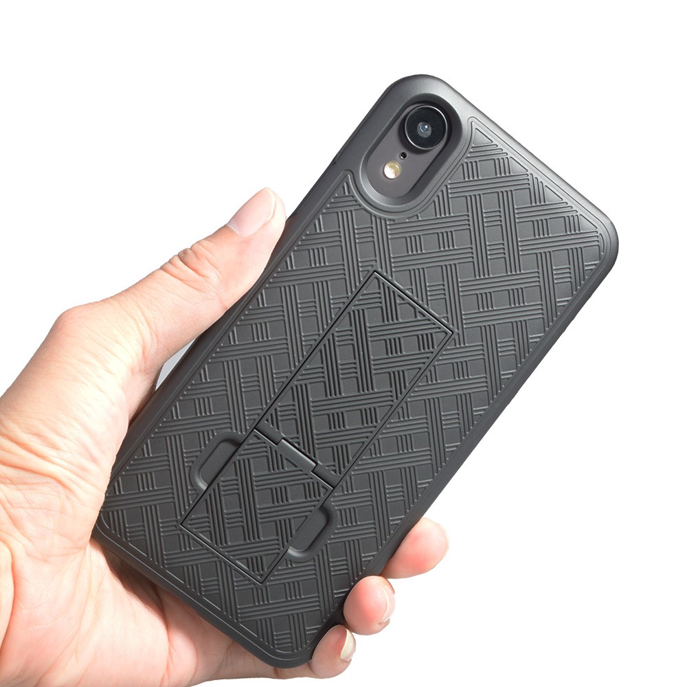 For iPhone XR 6.1 inch Woven Texture Swivel Belt Clip Holster PC + TPU Hybrid Case - Black-5
