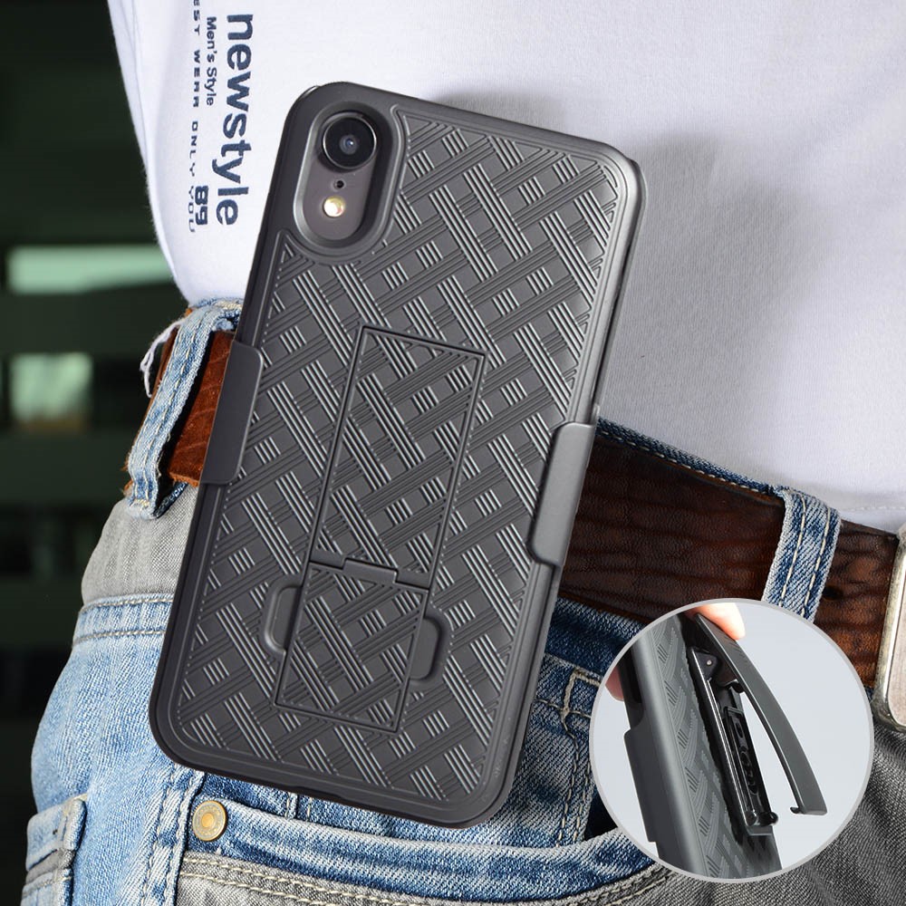 For iPhone XR 6.1 inch Woven Texture Swivel Belt Clip Holster PC + TPU Hybrid Case - Black-7