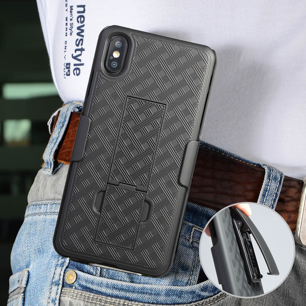 For iPhone XS Max 6.5 inch Woven Texture Swivel Belt Clip Holster PC + TPU Hybrid Cover - Black-7