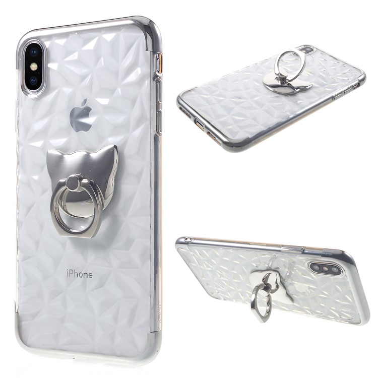 3D Diamond Texture TPU Mobile Casing with Kickstand for iPhone XS Max 6.5 inch - Silver-1