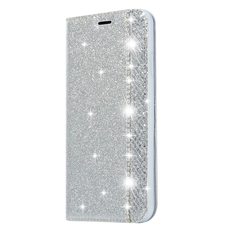 For iPhone XS Max 6.5 inch Sparkle Glitter Powder Synthetic Diamond PU Leather Wallet Cellphone Cover - Silver-2