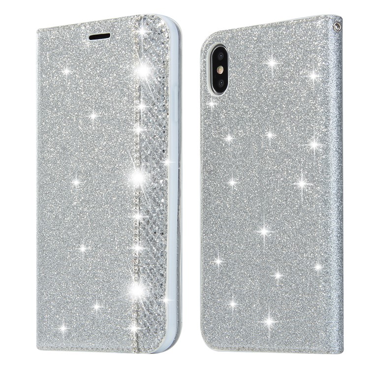 For iPhone XS Max 6.5 inch Sparkle Glitter Powder Synthetic Diamond PU Leather Wallet Cellphone Cover - Silver-4