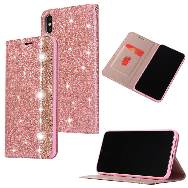 

For iPhone XS Max 6.5 inch Sparkle Glitter Powder Rhinestone PU Leather Wallet Case Shell - Pink