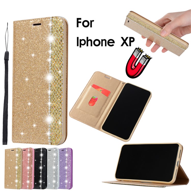 

For iPhone XS Max 6.5 inch Sparkle Glitter Powder Rhinestone PU Leather Case Protective Cover - Gold