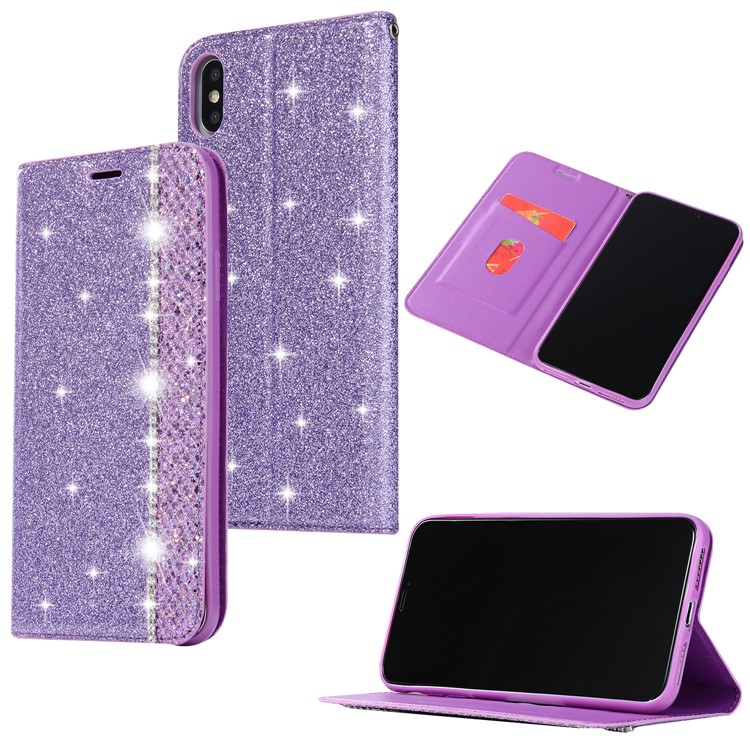 

Для Iphone XS Max 6.5 Inch Блеск Блеска Порошок Rhinestone PU Кожа Флип Телефон Обложка - Пурпурный