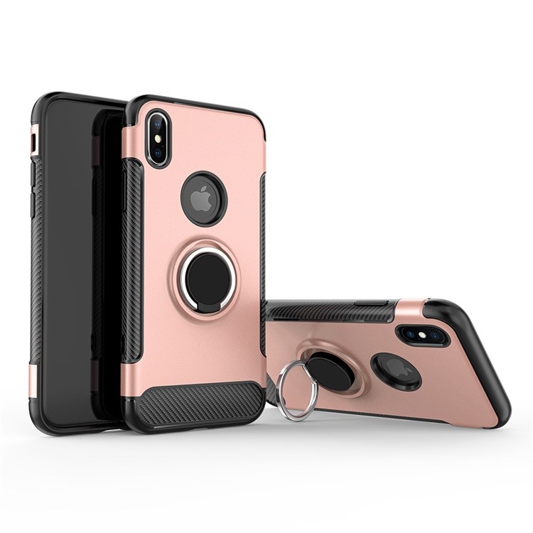 ANGIBABE Carbon Fiber Texture TPU PC Hybrid Case with Ring Holder Kickstand for iPhone XS Max 6.5 inch - Rose Gold-2