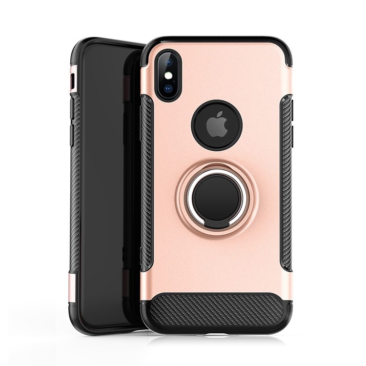 ANGIBABE Carbon Fiber Texture TPU PC Hybrid Case with Ring Holder Kickstand for iPhone XS Max 6.5 inch - Rose Gold-3