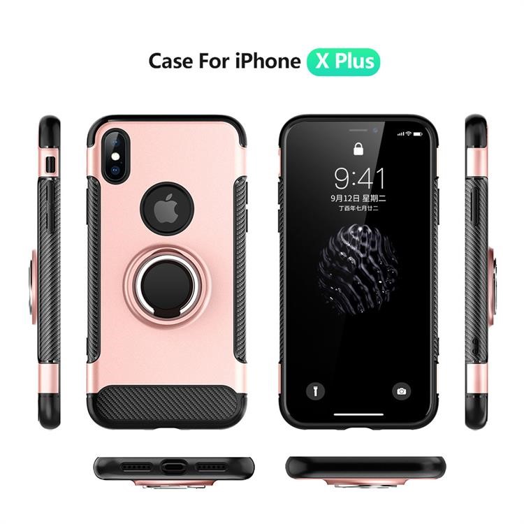 ANGIBABE Carbon Fiber Texture TPU PC Hybrid Case with Ring Holder Kickstand for iPhone XS Max 6.5 inch - Rose Gold-4