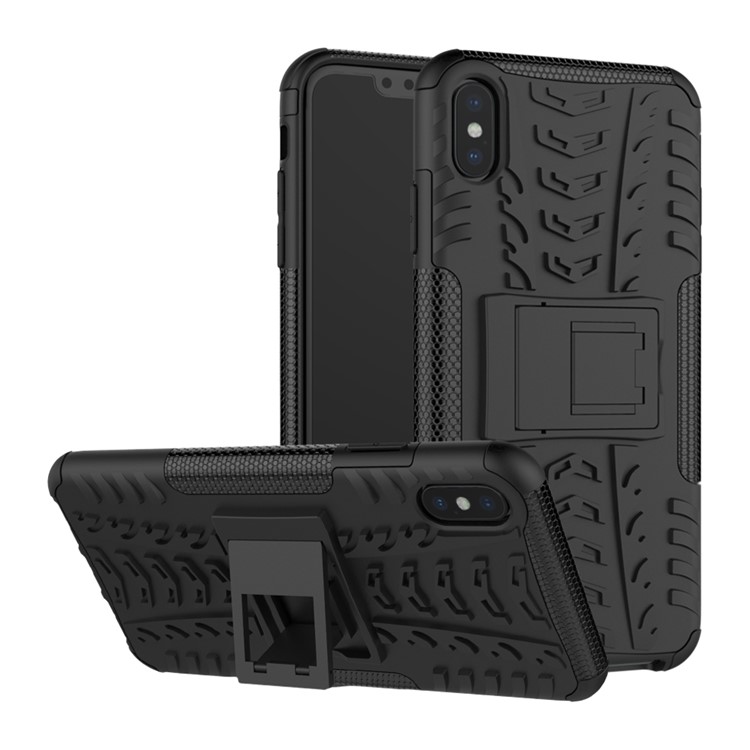 Tire Pattern Kickstand PC + TPU Hybrid Cover for iPhone XS Max 6.5 inch - All Black-1