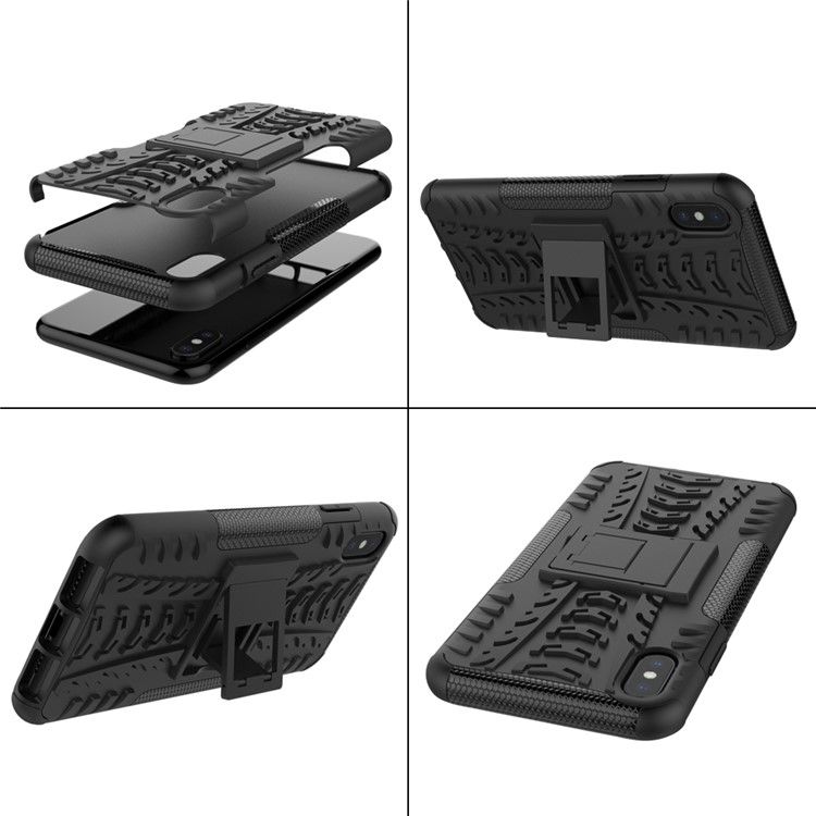 Tire Pattern Kickstand PC + TPU Hybrid Cover for iPhone XS Max 6.5 inch - All Black-11