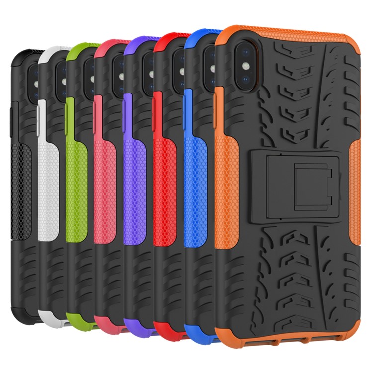 Tire Pattern Kickstand PC + TPU Hybrid Cover for iPhone XS Max 6.5 inch - All Black-12