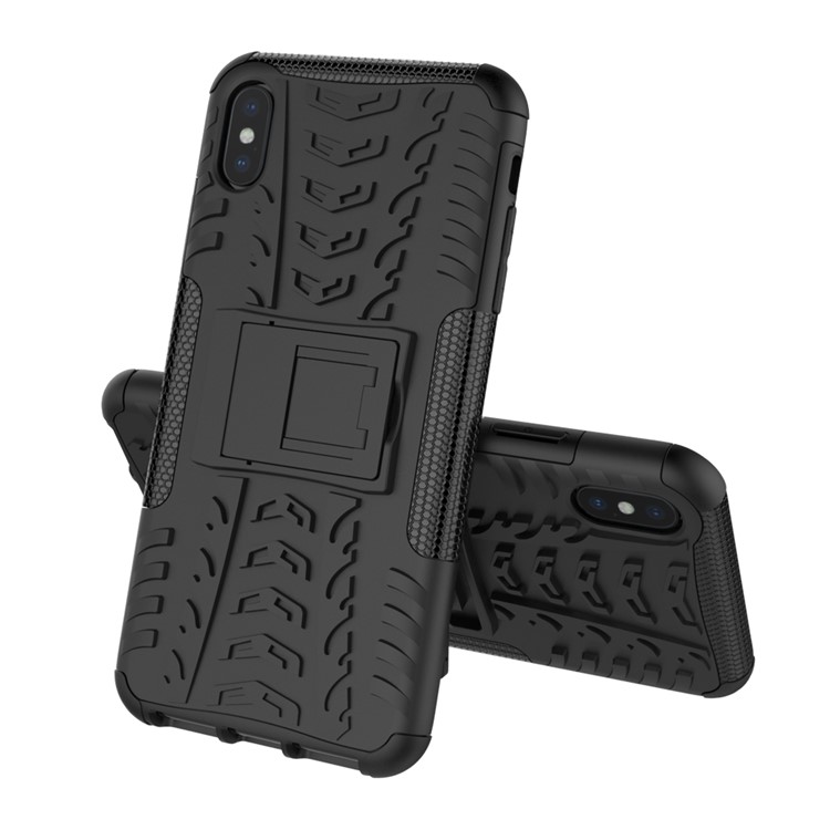 Tire Pattern Kickstand PC + TPU Hybrid Cover for iPhone XS Max 6.5 inch - All Black-2