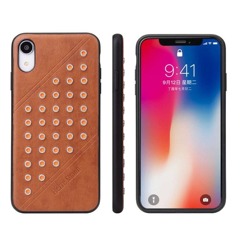 FIERRE SHANN Vintage Rivet PU Leather Coated TPU Case for iPhone XR 6.1 inch - Brown-1