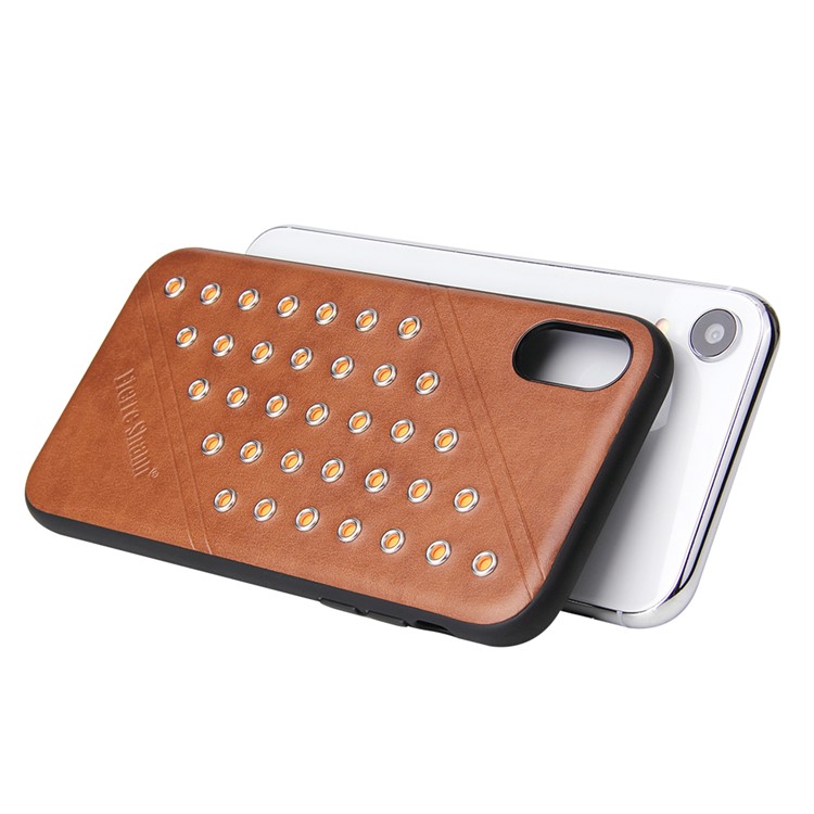 FIERRE SHANN Vintage Rivet PU Leather Coated TPU Case for iPhone XR 6.1 inch - Brown-2