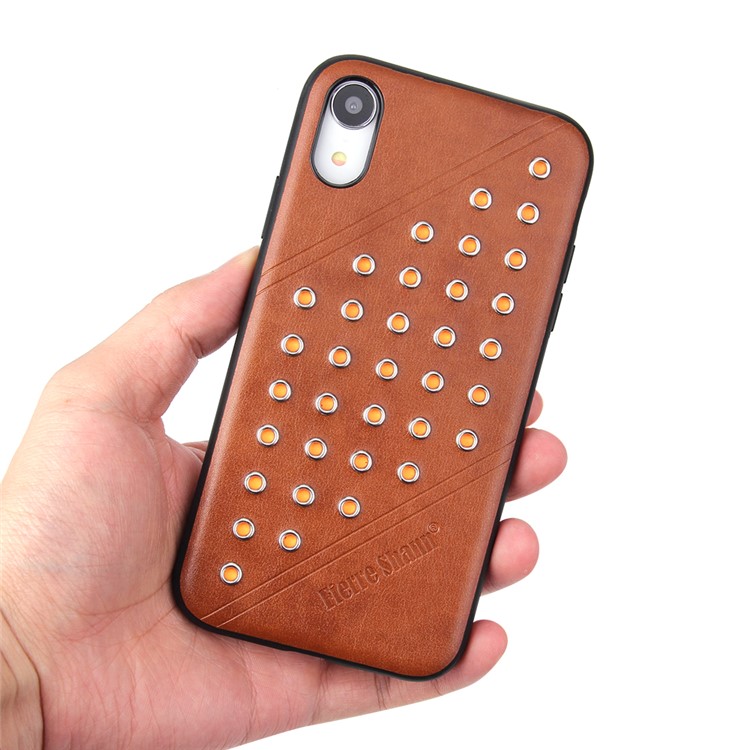 FIERRE SHANN Vintage Rivet PU Leather Coated TPU Case for iPhone XR 6.1 inch - Brown-4