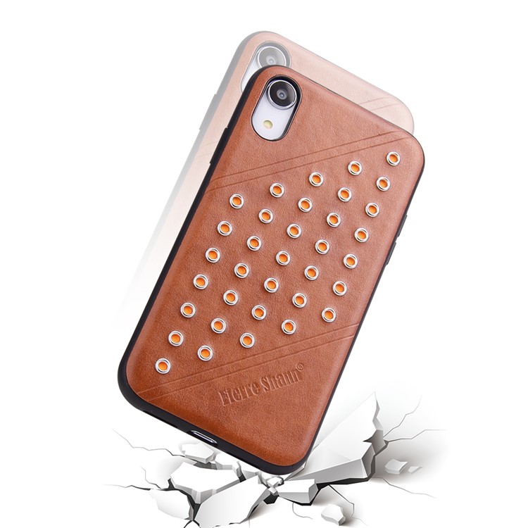 FIERRE SHANN Vintage Rivet PU Leather Coated TPU Case for iPhone XR 6.1 inch - Brown-5