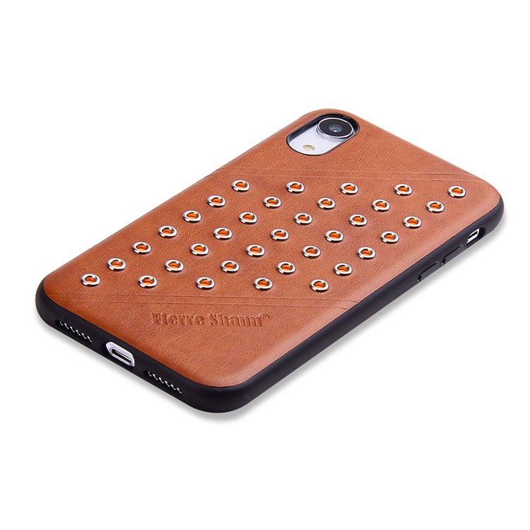 FIERRE SHANN Vintage Rivet PU Leather Coated TPU Case for iPhone XR 6.1 inch - Brown-8