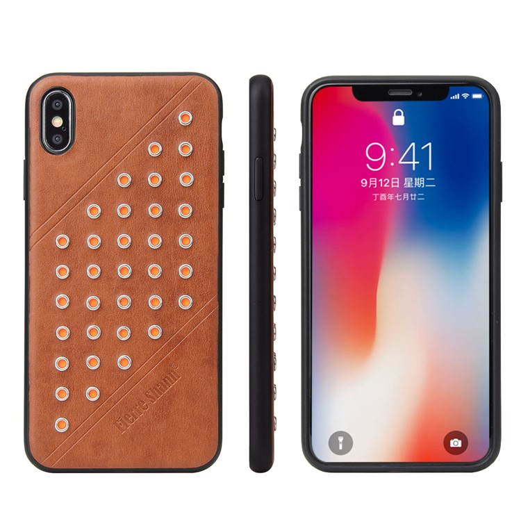 FIERRE SHANN Vintage Rivet PU Leather Coated TPU Case for iPhone XS Max 6.5 inch - Brown-1