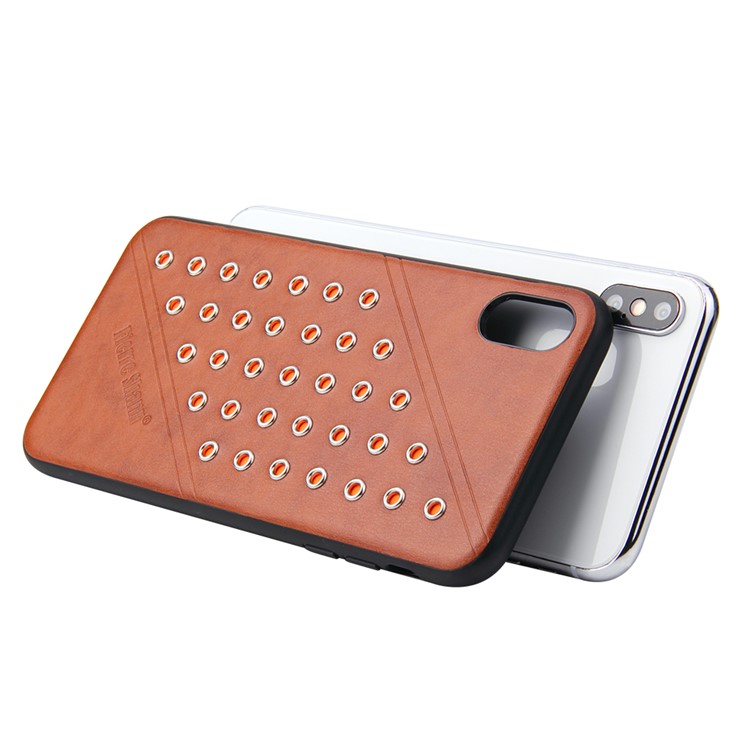 FIERRE SHANN Vintage Rivet PU Leather Coated TPU Case for iPhone XS Max 6.5 inch - Brown-2