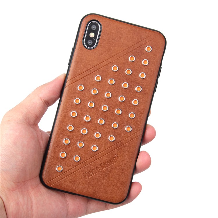 FIERRE SHANN Vintage Rivet PU Leather Coated TPU Case for iPhone XS Max 6.5 inch - Brown-4