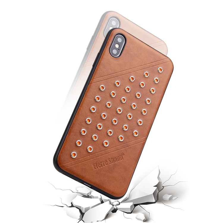FIERRE SHANN Vintage Rivet PU Leather Coated TPU Case for iPhone XS Max 6.5 inch - Brown-5