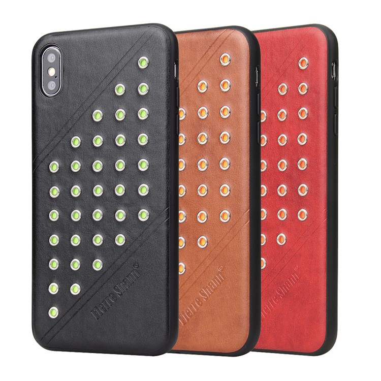 FIERRE SHANN Vintage Rivet PU Leather Coated TPU Case for iPhone XS Max 6.5 inch - Brown-9