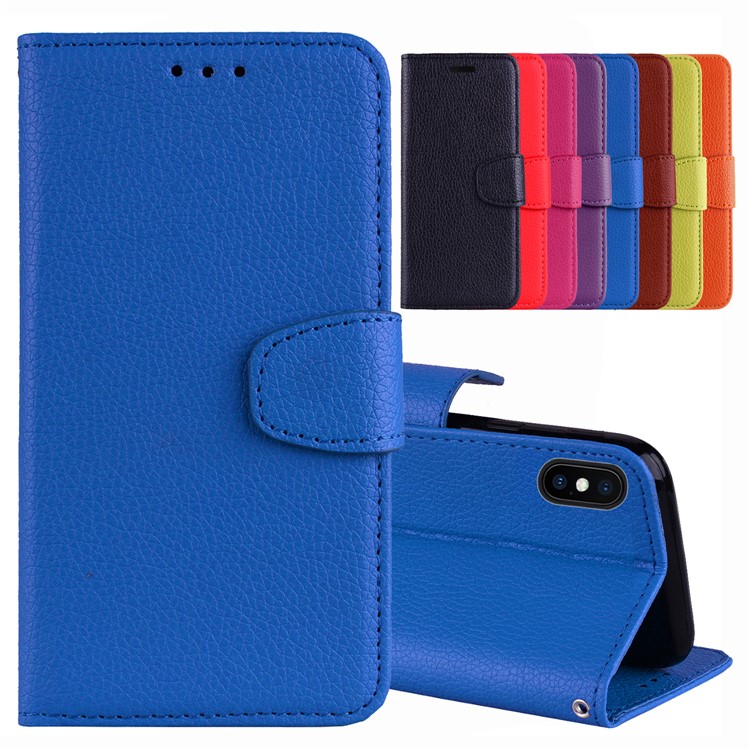 

Litchi Зерна PU Кожаный Кошелек Флип Телефон Случае Для Iphone XS Макс 6.5 Дюймов - Синий, iPhone XS Max 6.5 inch