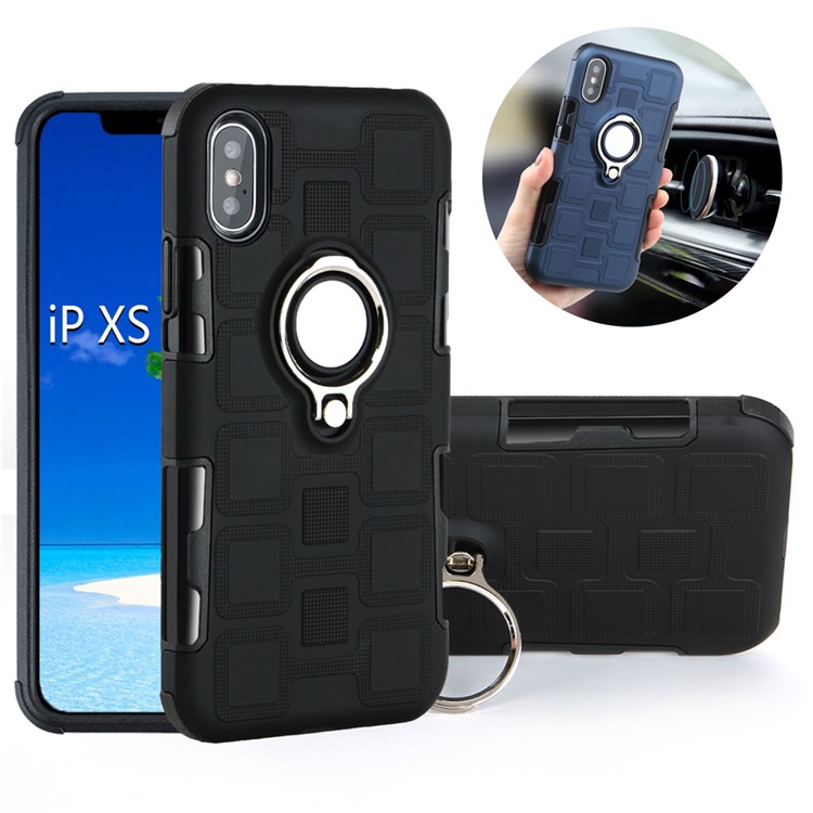 Geometric Pattern Magnetic Car Mount Ring Holder TPU PC Hybrid Case for iPhone XS Max 6.5 inch - Black-1