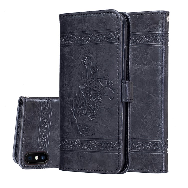 Imprinted Flower Oil Wax Wallet Leather Case for iPhone XS Max 6.5 inch - Black-1