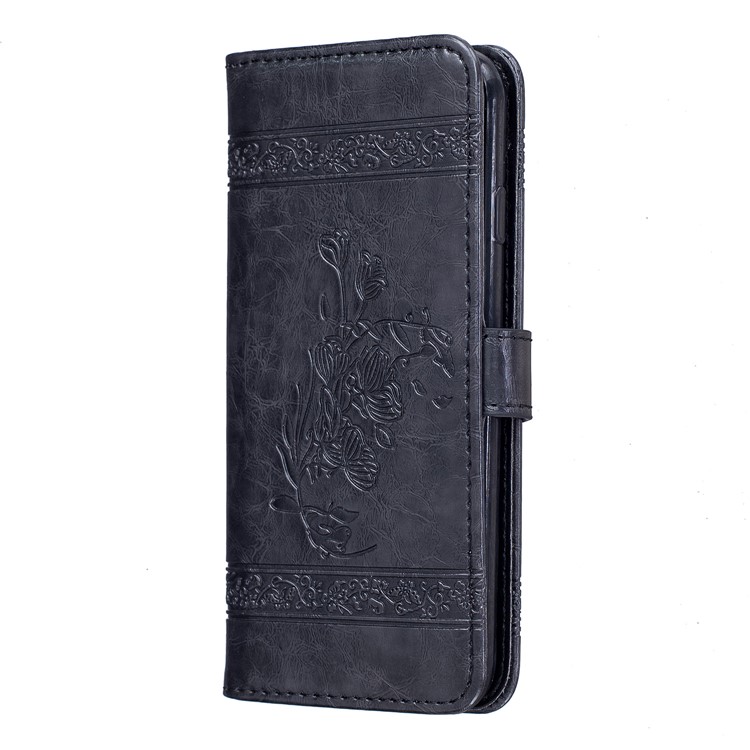Imprinted Flower Oil Wax Wallet Leather Case for iPhone XS Max 6.5 inch - Black-2