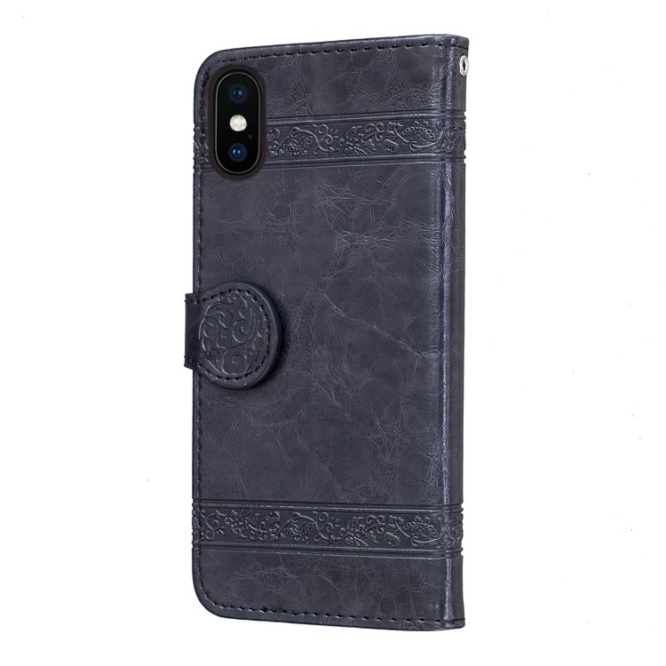 Imprinted Flower Oil Wax Wallet Leather Case for iPhone XS Max 6.5 inch - Black-3