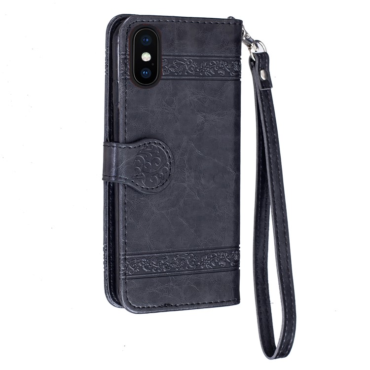 Imprinted Flower Oil Wax Wallet Leather Case for iPhone XS Max 6.5 inch - Black-4