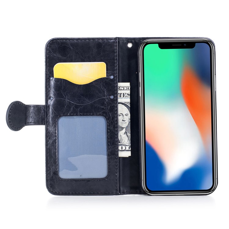 Imprinted Flower Oil Wax Wallet Leather Case for iPhone XS Max 6.5 inch - Black-5