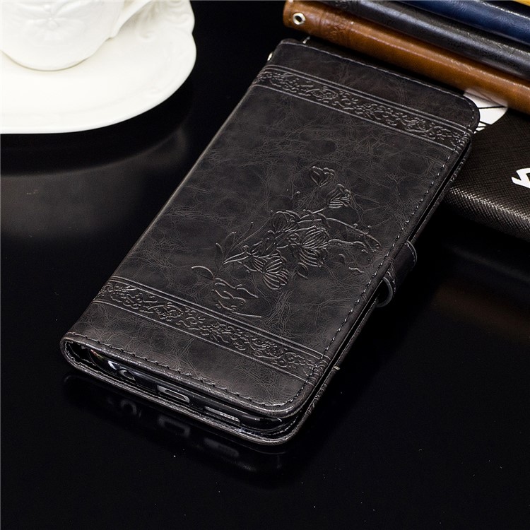 Imprinted Flower Oil Wax Wallet Leather Case for iPhone XS Max 6.5 inch - Black-6