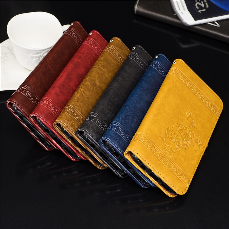 Imprinted Flower Oil Wax Wallet Leather Case for iPhone XS Max 6.5 inch - Black-7