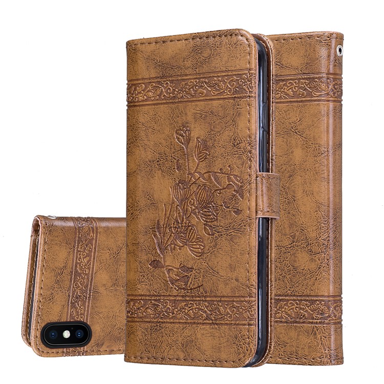 

Imprinted Flower Oil Wax Wallet Leather Shell for iPhone XS Max 6.5 inch - Brown, iPhone XS Max