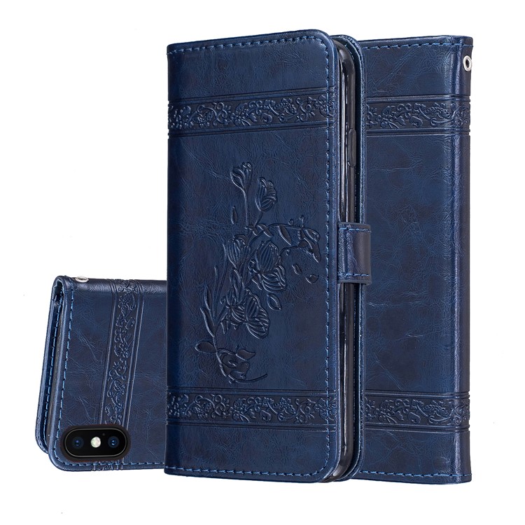 

Imprinted Flower Oil Wax Wallet Leather Casing for iPhone XS Max 6.5 inch - Blue, iPhone XS Max