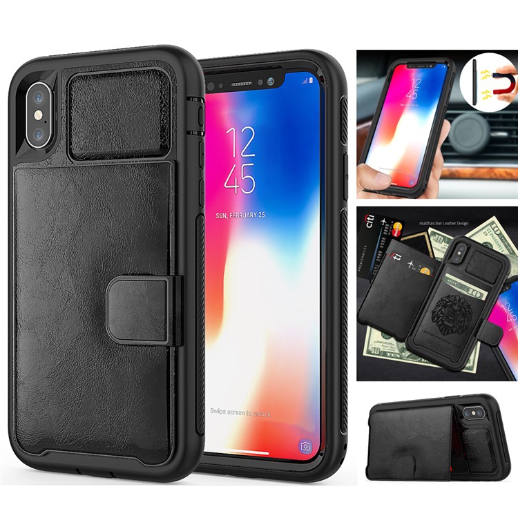 

PU Leather Coated TPU + PC Hybrid Card Slots Case with Kickstand (Built-in Magnetic Holder Metal Sheet) for iPhone X - Black, iPhone X