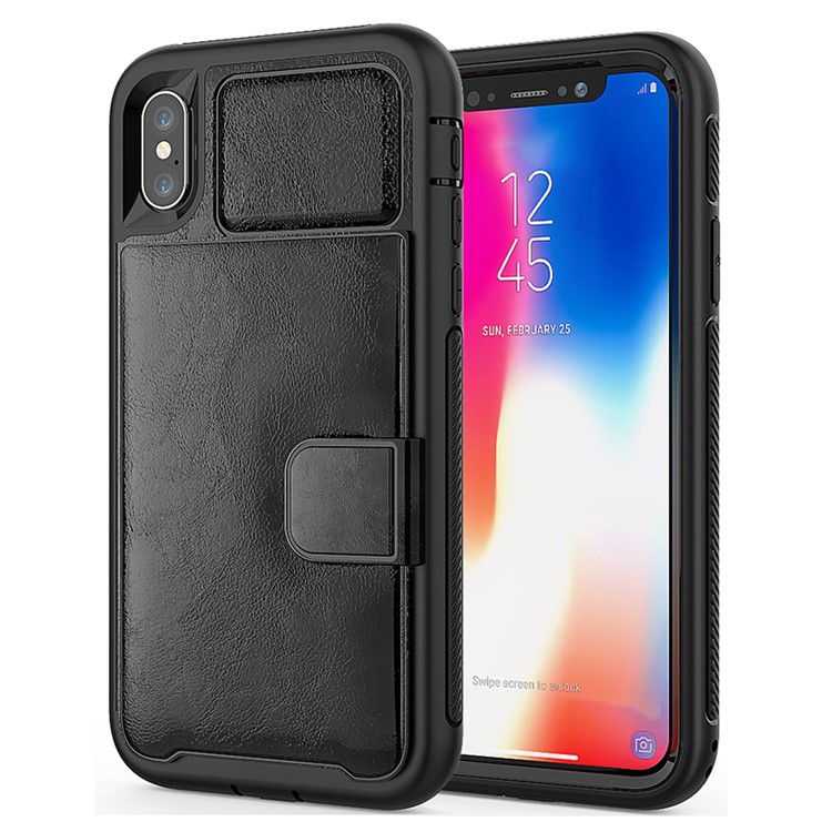 PU Leather Coated TPU + PC Hybrid Card Slots Case with Kickstand (Built-in Magnetic Holder Metal Sheet) for iPhone X - Black-2