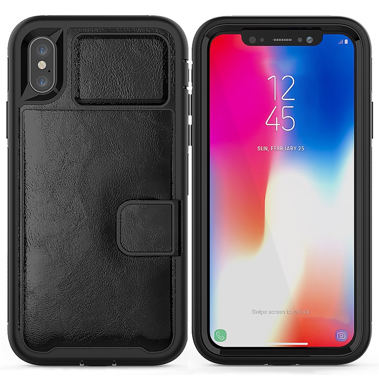 PU Leather Coated TPU + PC Hybrid Card Slots Case with Kickstand (Built-in Magnetic Holder Metal Sheet) for iPhone X - Black-3